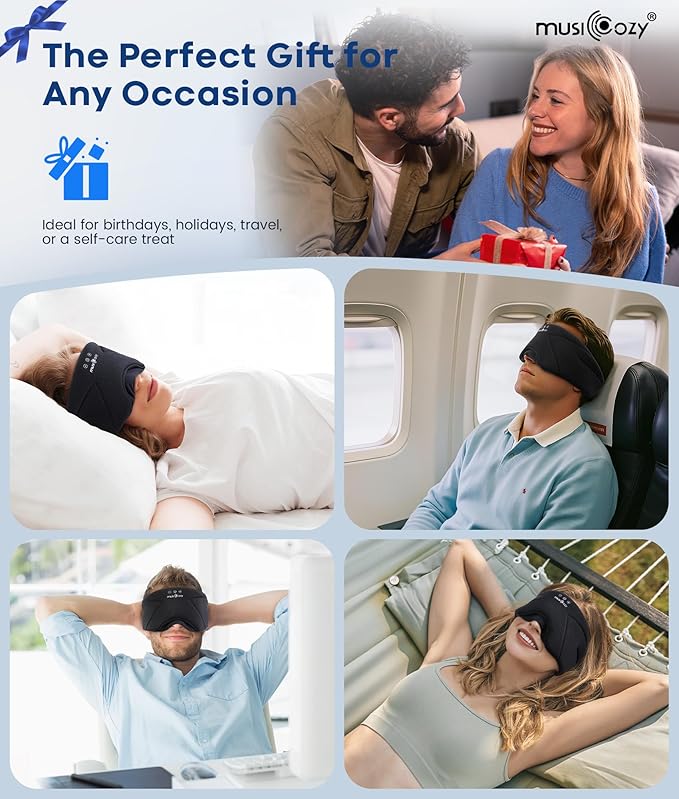 MUSICOZY Bluetooth Sleep Mask Headphones 5.4, Wireless Over-Ear Headphones Washable Zipper Sleep Headphones Mask with HD Stereo Speakers for Side Sleepers Travel & Relaxation, Gifts for Men Women