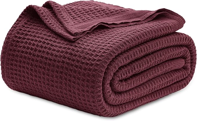 Bedsure Gentlesoft 100% Cotton Blanket Queen Size for Bed - Breathable and Soft for Spring Summer, Thick Cozy Waffle Weave Blanket Gifts for Women, Burgundy, 90x90 Inches