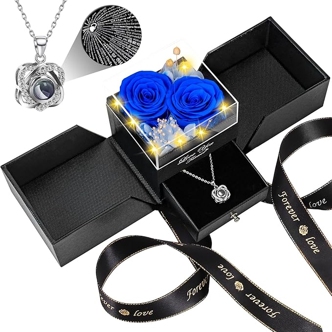2 Preserved Real Rose with Heart I Love You Necklace- Eternal Rose Birthday Gifts for Women Wife Girlfriend Her Mom Grandma on Festivals Gifts Christmas Valentines Mothers Day Anniversary-Blue Rose