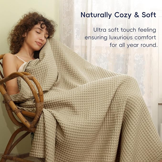 PHF Ultra Soft Waffle Weave Blanket Queen Size 90"x 90"- Washed Lightweight Breathable Cozy Woven Blanket for Bed - Aesthetic Decor for Couch Bedding Sofa Home Car - Khaki