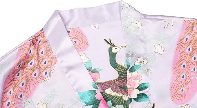 Valennia Women Long Silky Bathrobe Satin Kimono Robe Floral Printed Dressing Gown Sleepwear