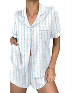 Ekouaer Womens Silk Satin Pajama Sets 2 Piece Button Down Silk Pjs Shorts Sets Cute Print Short Sleeve Sleepwear S-4XL