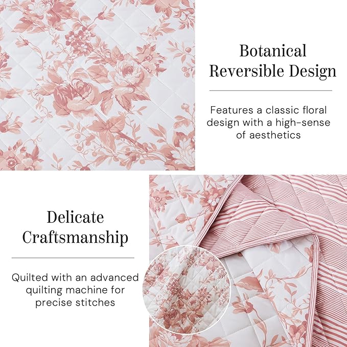 BLOOMHAVEN Quilt Set Queen Size, Dusty Rose Floral Quilt Sets, Reversible Bedspread Lightweight and Breathable for All Seasons, Soft Quilted Bedspread with 2 Pillow Shams