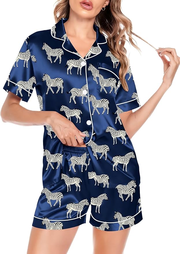 SWOMOG Satin Matching Pajamas Sets Couple Silk Button Down Nightwear Women & Men Short Sleeve Sleepwear 2 Pieces Loungewear