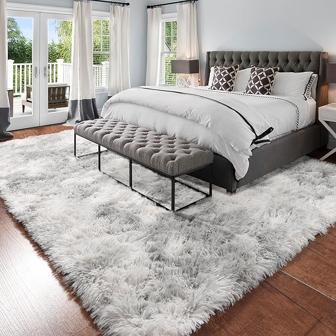 Amdrebio Tie-Dyed Light Grey Area Rugs for Bedroom, Fluffy Furry Rugs for Living Room, Modern Shag Throw Rug for Kids Room Decor, Shaggy Fuzzy Carpet, Indoor Plush Rug for Dorm Classroom, 4x6 Rug