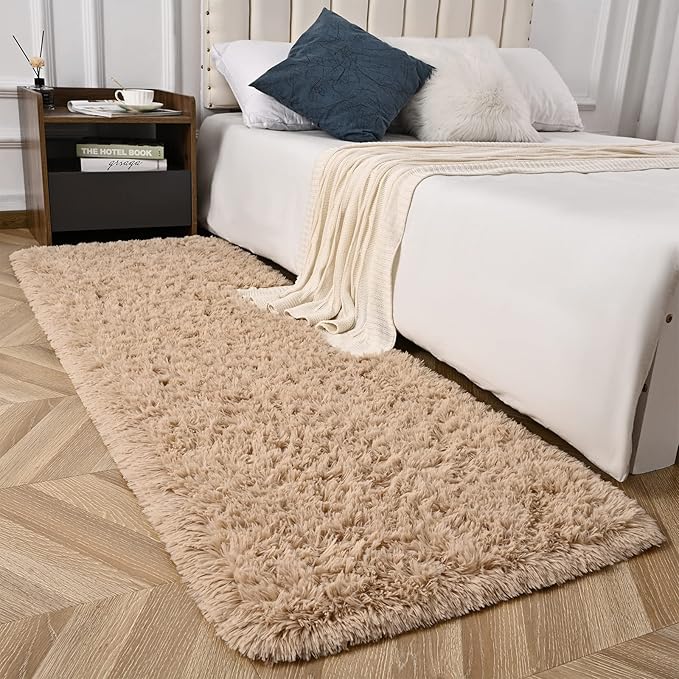 Beige Runner Area Rugs for Bedroom Living Room, 2x6 Feet Fluffy Bedside Rugs, Soft Shaggy Carpet Rug for Kids Room Nursery, Furry Cute Rugs for Girls Boys Dorm Room Home Decor
