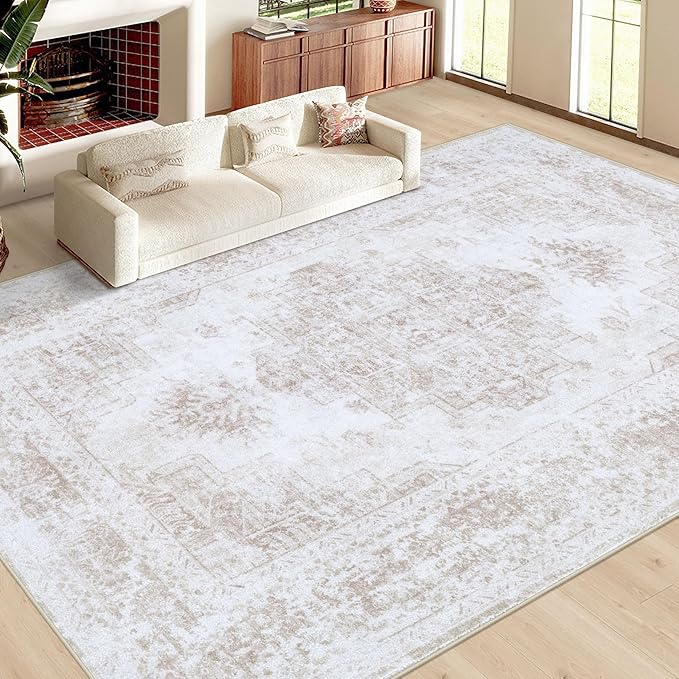 XLUEZ Area Rug 10x12 Living Room Rug, Machine Washable Vintage Distressed Medallion Rug Non-Slip Soft Low Pile Large Indoor Rugs for Bedroom Kitchen Dining Room Office(Beige,10'x12')