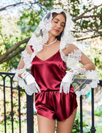 Ekouaer Satin Pajama Set for Women, Backless Silk Lingerie Pjs Back Tie-up Camisole Top and Shorts with Ruffle Sleepwear