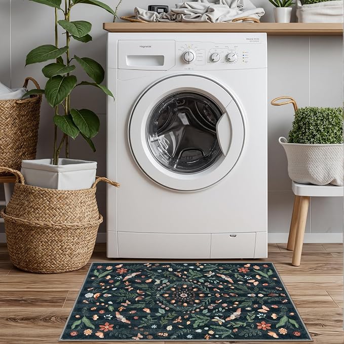 Lahome Insect Botanical Floral 2x3 Small Kitchen Rugs for Entryway Black Door Mat Indoor Entrance,Washable Boho Bathroom Area Rug,Soft Non-Slip Indoor Carpet Throw Rugs for Entry Laundry(Black,2x3)