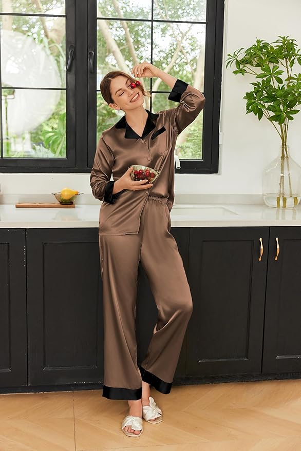 Ekouaer Silk Pajamas for Women Long Sleeve Satin Pajama Set Silky Pj Sets 2 Piece Button Down Loungewear Sleepwear