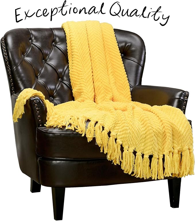 Chanasya Premium Textured Knit Throw Blanket with Tassels - Soft, Cozy Blanket for Couch, Bed, Living Room - 50" x 65” - Bright Yellow