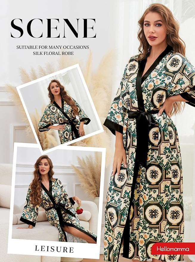 Hellomamma Womens Satin Silk Robe: Lightweight 3/4 Sleeve Comfy Floral Print Kimono Sleepwear for Bride Wedding Party Gift