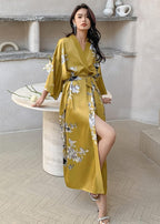 Kihnop Women's Floral Long Kimono Robe Long Satin Robe Long Silk Robe Ladies Kimonos Silky Bathrobe Cover Up, One Size