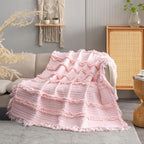 Ultra Soft Pre-Washed Quilted Throw Blanket, Ruffle Fringed Pink Boho Decorative Throw, Stone Washed Chic Rustic Blanket for Sofa Couch Bed Chair, 50"x 60"