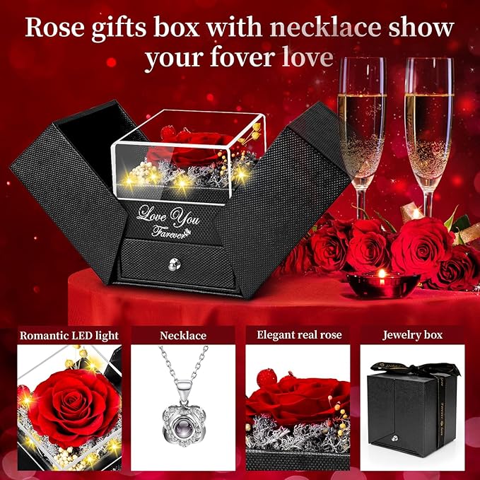 Lebana Preserved Red Real Rose with Heart I Love You Necklace -Mothers Day Gifts for Mom Her Wife Girlfriend Grandma on Valentines Mothers Day Christmas Birthday Anniversary Romantic-Red