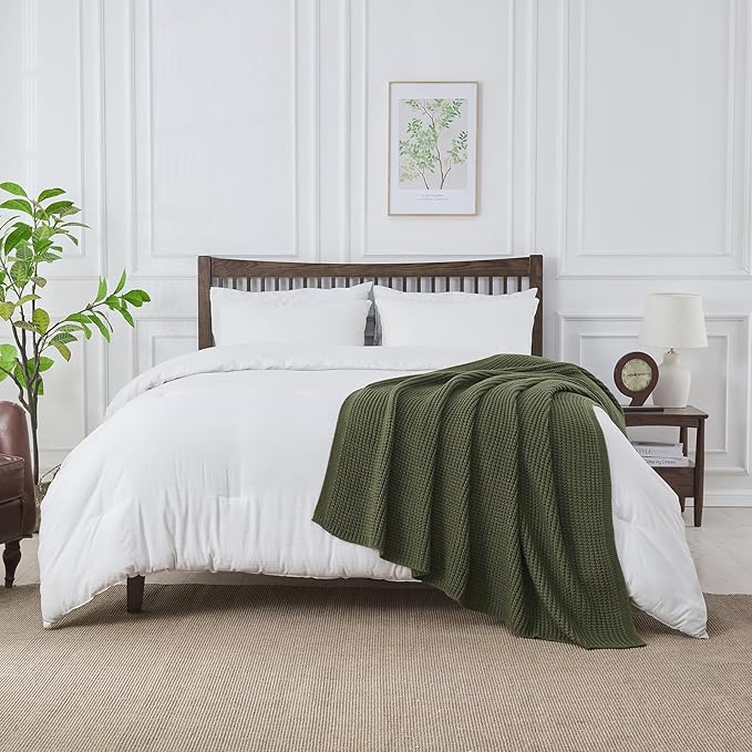 Douceur Olive Green Throw Blanket for Bed, Soft Chunky Cable Knit Throw Blanket, Classic Fisherman's Rib Stitch Pattern Throw for Living Room Gift, 60"X80"