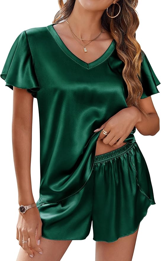 Ekouaer Women Satin Pajamas Set Ruffle Sleeves Silk Pj Set Soft V Neck Sleepwear Loungewear