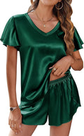 Ekouaer Women Satin Pajamas Set Ruffle Sleeves Silk Pj Set Soft V Neck Sleepwear Loungewear
