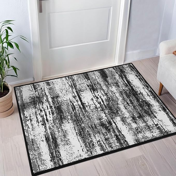 Entryway Rug Indoor Door Mat 2x3 Washable Abstract Small Area Rug Non-Slip Ultra Soft Faux Wool Boho Rug Throw Carpets for Kitchen Floor, Entryway Indoor, Bedroom Bedside, Living Room (Black and Grey)