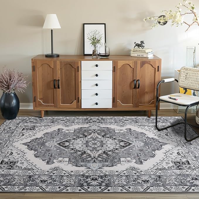 CRYPTOLITE Living Room Rug 7x10, Machine Washable Area Rug Non Slip Low Pile Rug for Living Room, Bedroom, Farmhouse, Dining Room, Grey
