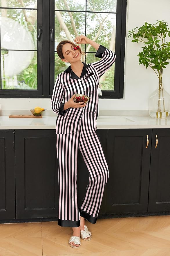 Ekouaer Silk Pajamas for Women Long Sleeve Satin Pajama Set Silky Pj Sets 2 Piece Button Down Loungewear Sleepwear