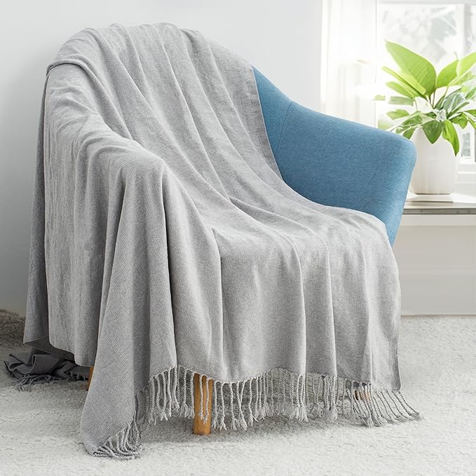 Chenille Throw Blanket for Couch with Tassels,60"X88" Soft Lightweight Knitted Boho Decorative Blankets for Bed and Sofa,Light Grey