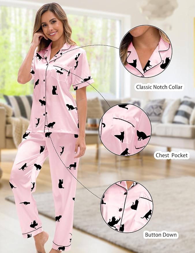 Silk Satin Pajama Set for Women 3-piece Short Sleeve Pajama with Pants Ruffle Shorts Cute Pj Set Button Down Sleepwear