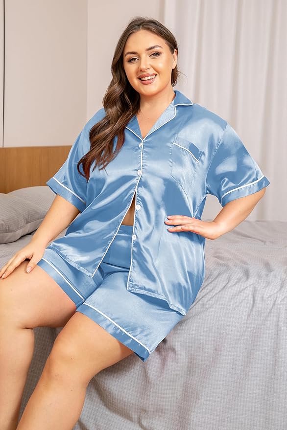 Vozanet Women's Short Sleeve Satin Pajama Sets Silky Ladies Button Down Loungewear Plus Size Nighty Shorts Sets XL to 5XL