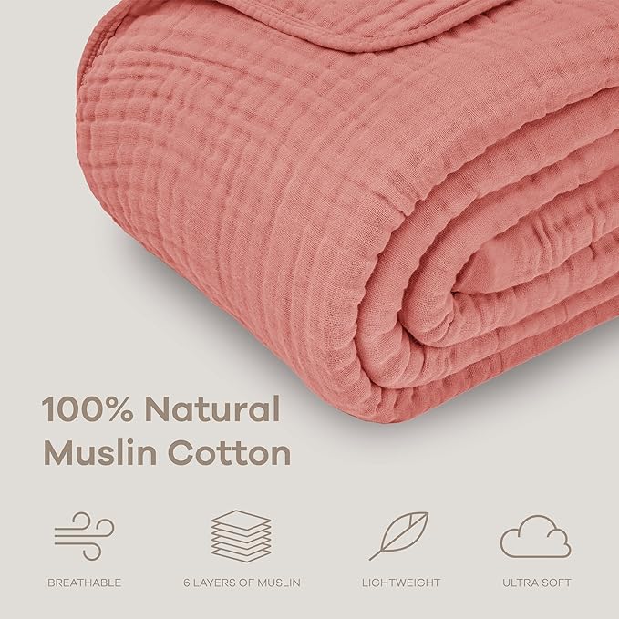 Comfy Cubs Muslin Throw Blanket - 50” x 60” Quilted Design - Lightweight, Breathable 6-Layer Gauze Fabric - Soft Cotton Blanket for Home or Travel - Packaged in Elegant Gift Box - Dusty Rose