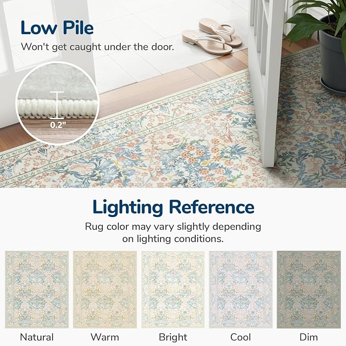 Lessymo Floral Washable Rugs 8x10, Faux Wool Soft Area Rugs for Living Room Bedroom, Boho Non-Slip Forest Stain Resistance Large Carpet for Dining Room Home Office, Beige Brown