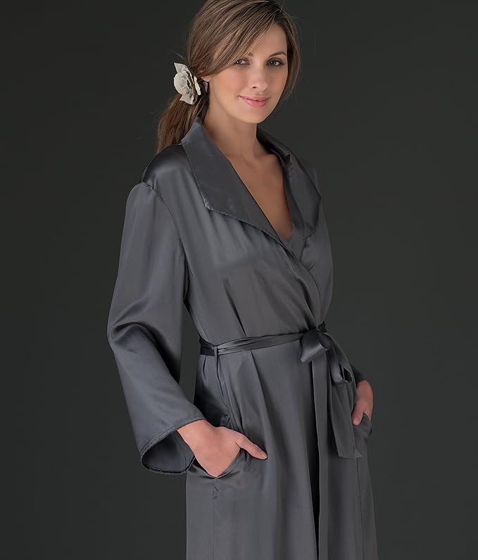 Julianna Rae Women's Silk Robe, 54" Full Length, Lace Trim, Relaxed Fit, Evening Stroll Collection, Lingerie