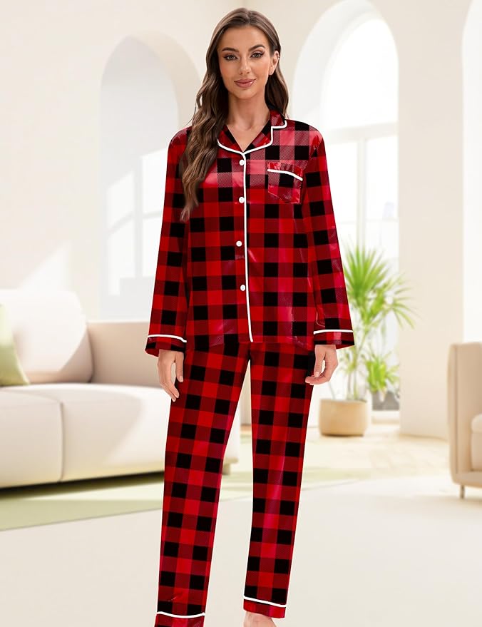 EPLAZA Silk Pajamas for Women Satin Pajamas Set 5 Pcs Long Sleeve Print Pattern Button Down Pjs Sleepwear Loungewear Set