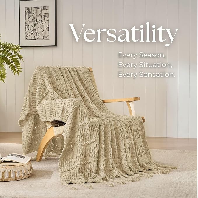 Boho Knitted Chenille Blanket with Tassels - Lightweight & Soft All-Season Throw - 3D Classic Pattern for Living Room Bedroom Couch, Sandy Beige, Twin 60"x80"