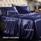 Bedsure Satin Sheets Queen Size - 4 Piece Silky Bedsheets with Elastic Corner Straps and 15 Inches Deep Pocket Fitted Bedsheet,1 Flat Sheet, 2 Satin Pillowcases, Good for Hair & Skin (Queen, Navy)