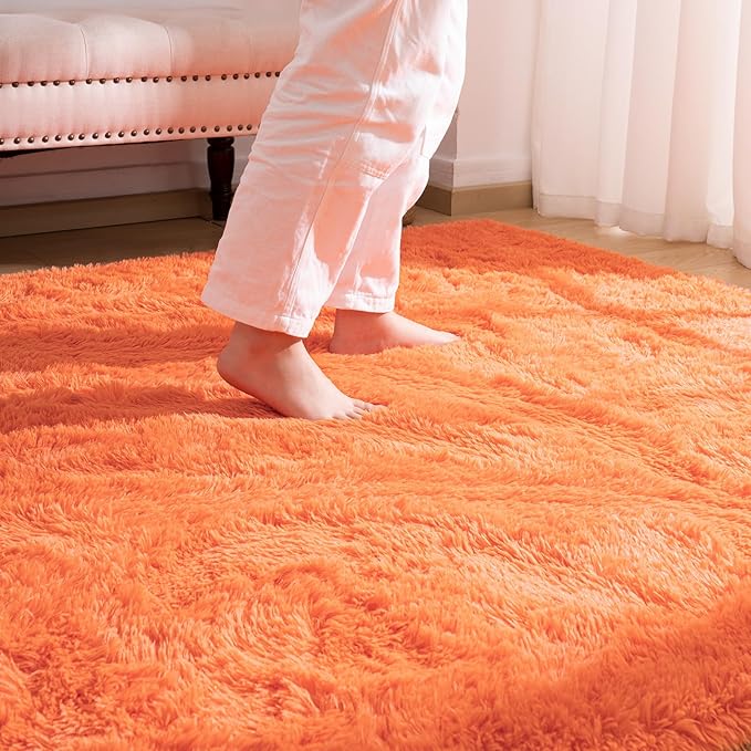 Softlife Orange Area Rug for Living Room, Fluffy Shag Plush 5x8 Rugs for Bedroom Girls, Shaggy Soft Fuzzy Kids Large Carpet for Dorm Bedside Ultra Cozy Non-Slip Indoor Decor