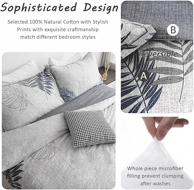ALEISSEL Natural Cotton 3pcs Botanical Comforter Sets King Size-Dark Gray Comforter with Luxurious Blue & Gray Leaves on White, Reversible Lightweight Floral Bedding Sets(King 104"×90")