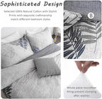 ALEISSEL Natural Cotton 3pcs Botanical Comforter Sets King Size-Dark Gray Comforter with Luxurious Blue & Gray Leaves on White, Reversible Lightweight Floral Bedding Sets(King 104"×90")