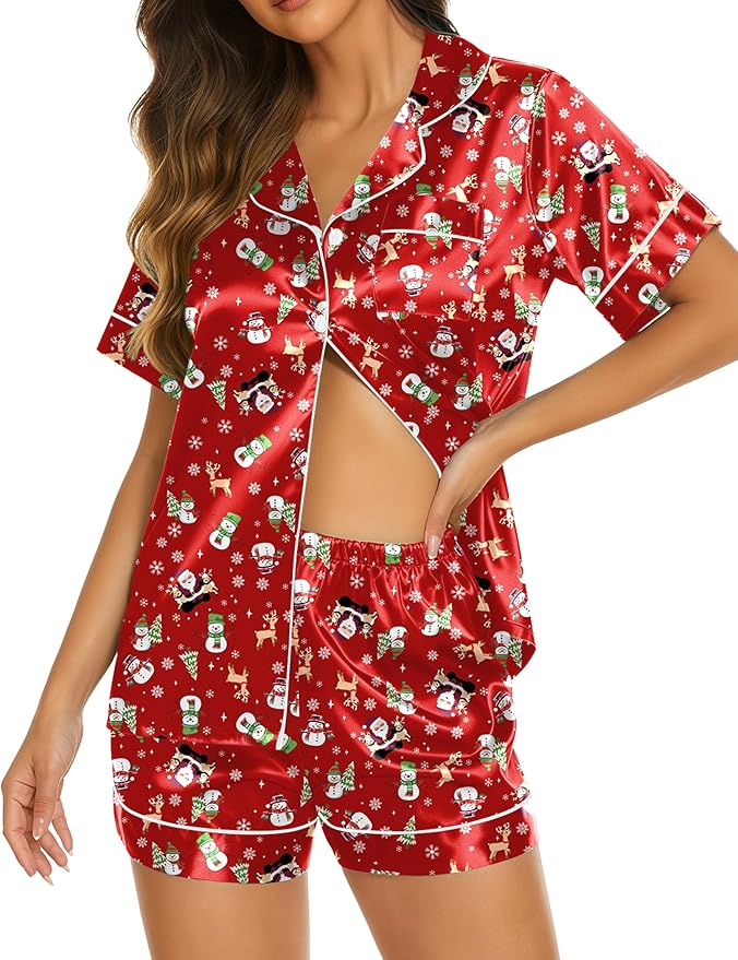 Ekouaer Silk Pajamas for Women Short Sleeve Sleepwear Soft Button Down Loungewear 2 Piece Satin Pjs Shorts Set