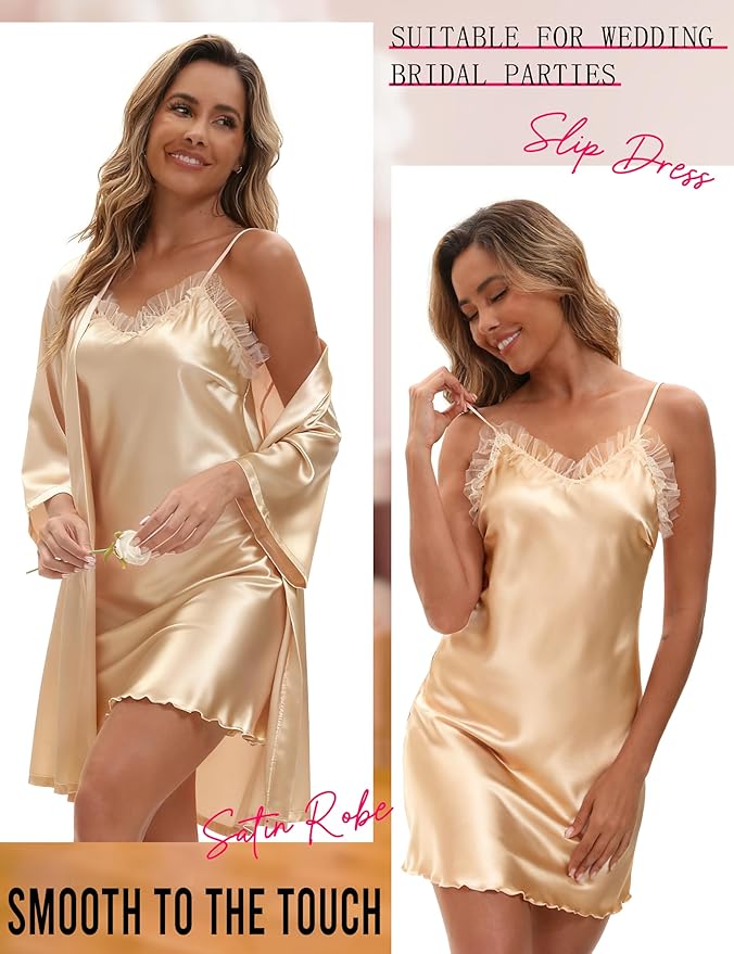 EPLAZA Bride Robe for Wedding Day Set Bridal Robes Satin Robe with Sexy Silk Lingerie for Bachelorette Party Getting Ready