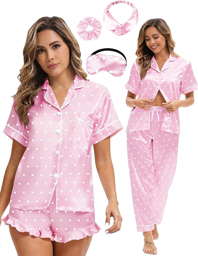 Silk Satin Pajama Set for Women 3-piece Short Sleeve Pajama with Pants Ruffle Shorts Cute Pj Set Button Down Sleepwear