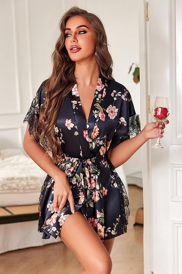 Avidlove Women Lingerie Robe Satin Sleepwear Eyelash Lace Kimono Side Split Sexy Silk Robes