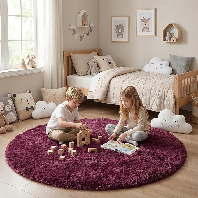 duduta Burgundy Plush Round Rug 4x4 ft, Fluffy Shag Rugs for Bedroom Classroom Nursery Playroom Dorm Decor, Washable Non Slip