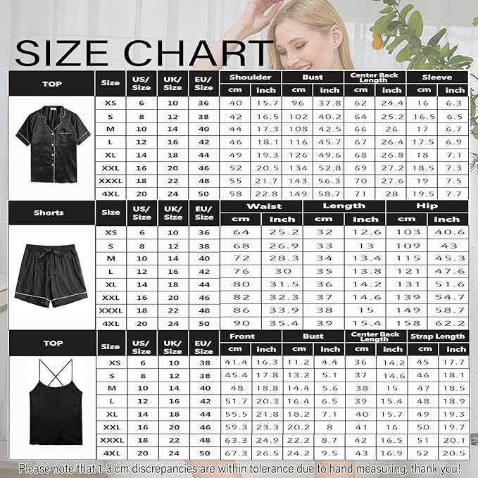 WJing Yi Jia 3Pcs Silk Pajamas Set for Women XS-4XL Satin Pajama Lingerie Pjs Cami Tops Silky Pj Sets Sleepwear Nightwear