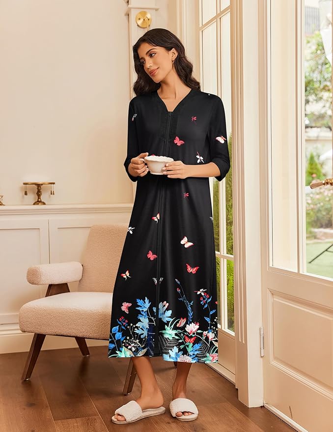 Ekouaer Women's Zipper Robe 3/4 Sleeves Housecoat Full Length Nightgown Soft Loungewear Robe with Pockets S-3XL