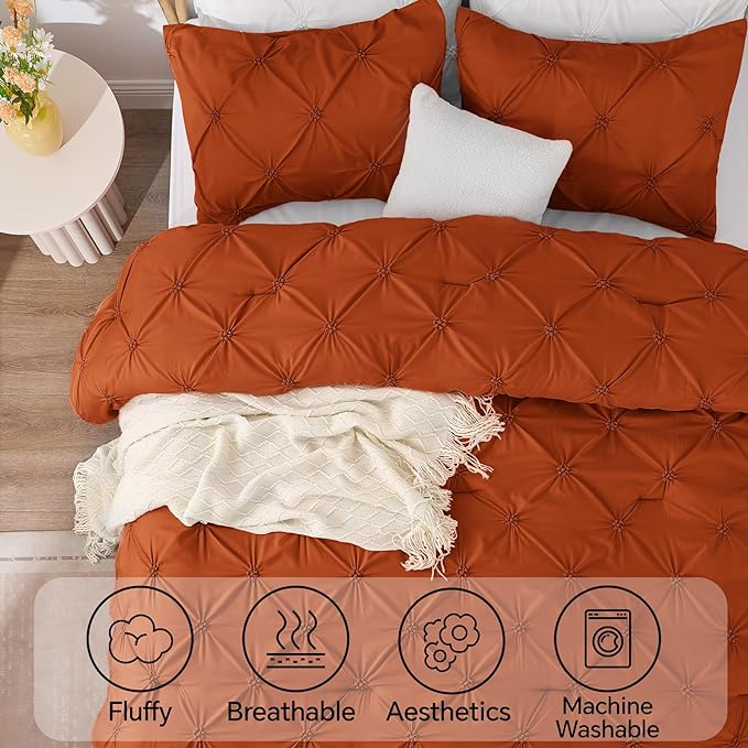 BEDELITE Burnt Orange Queen Comforter Set - 3 Pieces Boho Pintuck Bedding Comforter Sets, Lightweight Soft & Warm Bed Comforter Queen with 2 Pillowcases for All Season