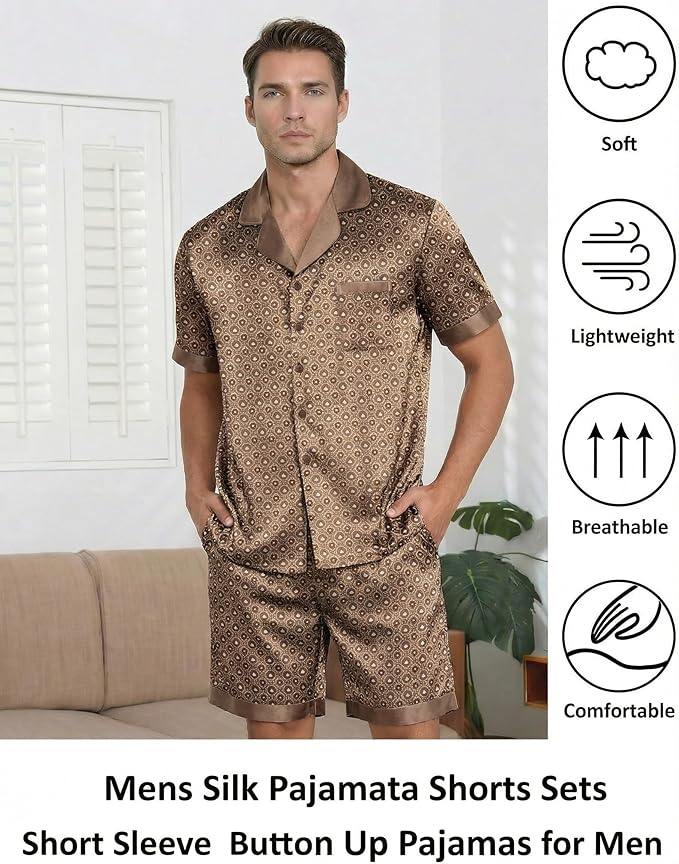Ekouaer Men Satin Silk Pajamas Set with Pockets Sleepwear Shorts Satin Summer Loungewear 2 Piece Button Down Set S-3XL