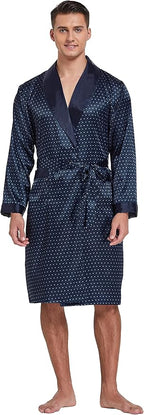 Tony & Candice Men's Satin Robe Lightweight Long Sleeve Silk Kimono Bathrobe with Shorts Set Sleepwear