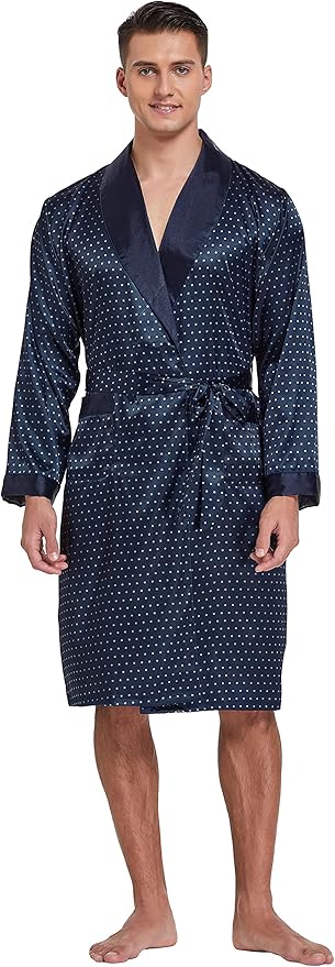 Tony & Candice Men's Satin Robe Lightweight Long Sleeve Silk Kimono Bathrobe with Shorts Set Sleepwear