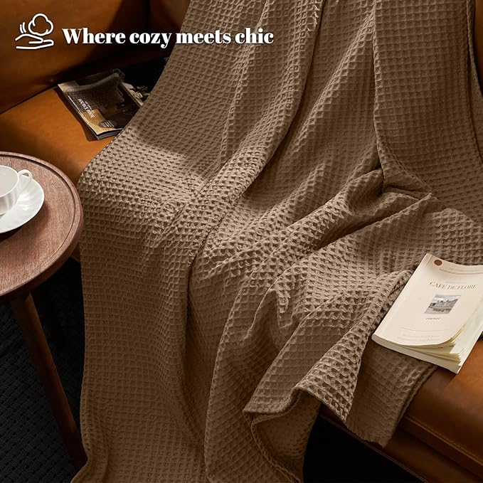 PHF Ultra Soft Waffle Weave Blanket Queen Size 90"x 90"- Washed Lightweight Breathable Cozy Woven Blanket for Bed - Aesthetic Decor for Couch Bedding Sofa Home Car - Mocha
