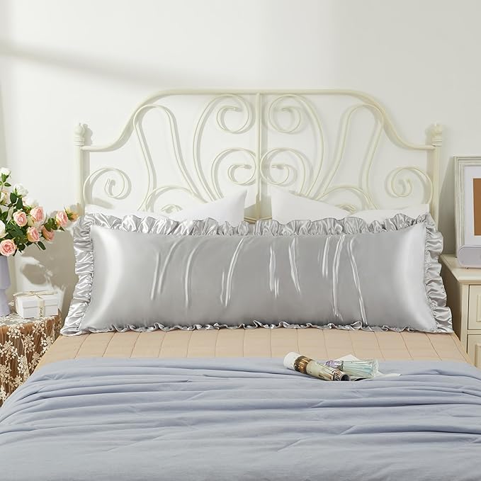 Light Gray Satin Pillowcases Body Pillow for Hair and Skin,Light Gray Body Pillow Silk Pillowcase with Envelope Closure Princess Room Decoration